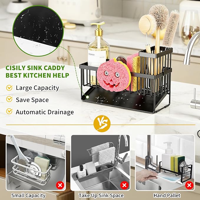Sponge Holder for Kitchen Sink,Smiley Face Sink Caddy with Removable Brush Holder,Self-Draining Sponge Caddy for Sponge,Soap,Dish Brush,Scrubber,Kitchen Essentials and Gadgets