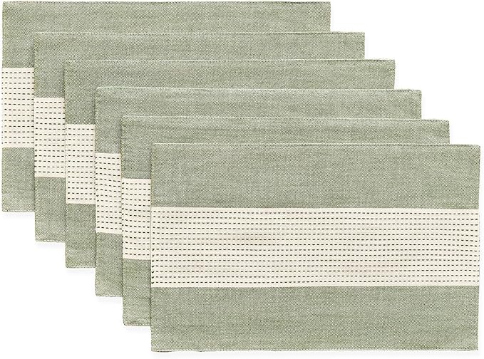 Wracra Linen Placemats, 12 x 18 Inch Set of 6 Placemats, Farmhouse Macrame Place Mats for Kitchen Table and Heat Resistant-Hemstitch Sage Green 6PCS
