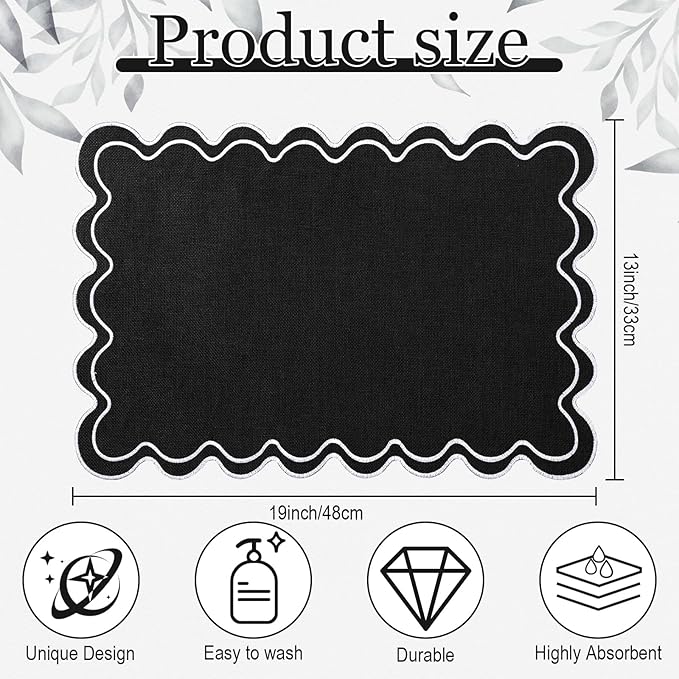 HunnmingRe Set of 6 Cotton Linen Placemats, 13x19 Inch Scalloped Wavy Embroidery Placemat Double Layered Washable Rustic Rectangle Dinner Table Mats for Wedding Home Decor(Black with White)