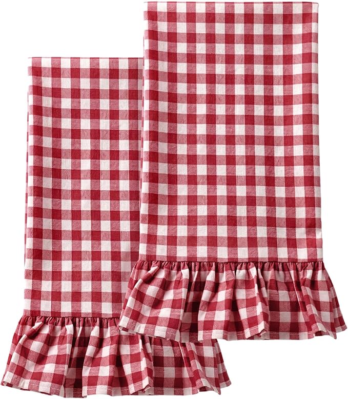 HunnmingRe Red Kitchen Towels Set of 2, 100% Cotton Ruffled Gingham Dish Towels 18"x28" Absorbent Tea Cloths Classic Plaid Pattern for Farmhouse Charm, Drying Dishes, Entertaining Guests