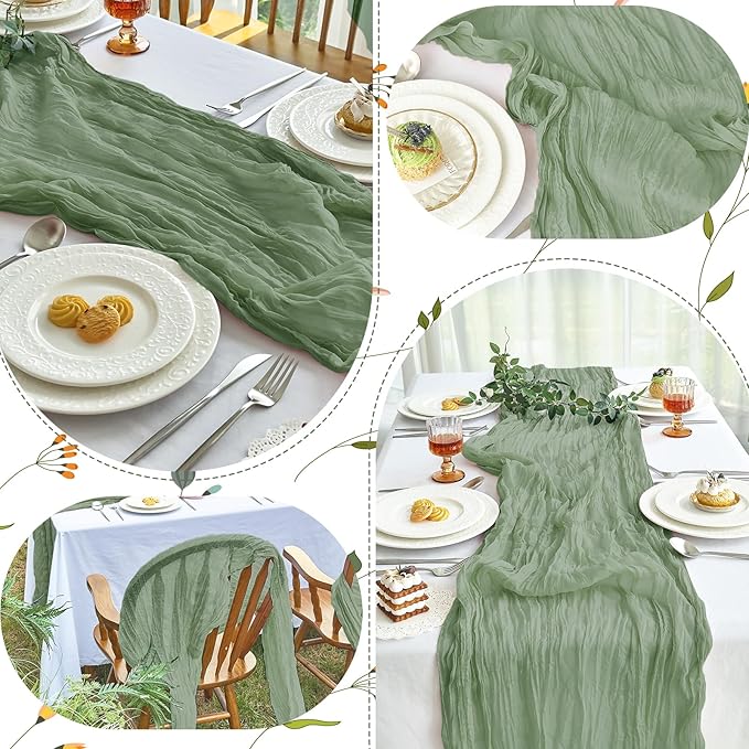 IVAPUPU 10 Pcs Cheesecloth Table Runner - 10ft Sage Green Spring Boho Gauze Cheese Cloth Table Runners for Baby Shower Decorations Wedding Party Garden Farmhouse