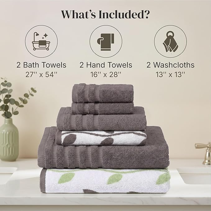 Modern Threads Natural Vine 6-Piece 100% Cotton Towel Set – Yarn Dyed Jacquard – Includes 2 Bath Towels, 2 Hand Towels, 2 Washcloths – Absorbent, Quick Dry, Soft & Durable – Gray