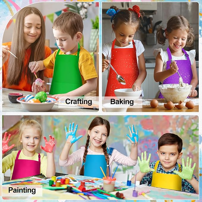 PLULON 6 Pcs Kids Aprons with 2 Pockets Painting Aprons for Kids Aprons Bulk, Paint Apron Adjustable Children Chef Aprons for Girls Boys Painting Baking Cooking Crafting - 6 Colors