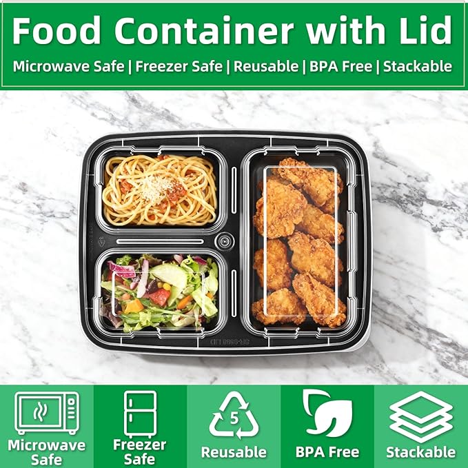 Meal Prep Containers 3 Compartment 20 Pack, 32 oz Divided Reusable Food Storage Containers with Lids Takeout Food Storage Black with 20 Forks, Microwave Dishwasher Freezer Safe, BPA Free