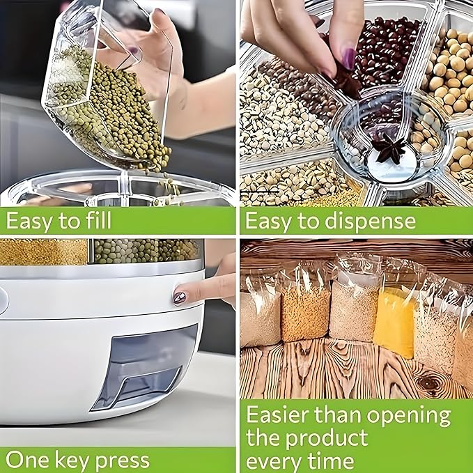 Rotating Grain Storage Bin 6 Grids Rice Container One-Click Output Large Capacity Food Dispenser For Rice Grains Sealed Moisture Proof Organizer (Small)