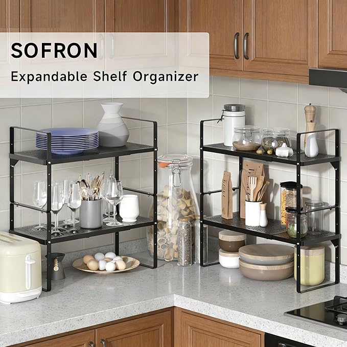 Expandable Cabinet Organizer Shelf - Adjustable Width (16.5”-27.1”), Stackable, Heavy Duty 80 lbs, for Kitchen Pantry, Countertop, Office, Spice Rack - Black, Small Size, 1 Pack