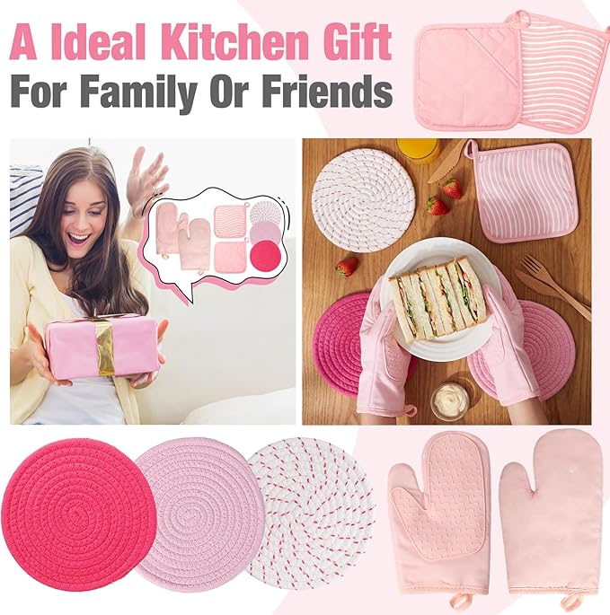 Pink Oven Mitts and Pot Holders 7 Sets, Heat Resistant Kitchen Gloves Pads Potholders for Women Gifts Pot Holders Kitchen Accessories Gift(Pink White,Rubber Cotton,Stripes)