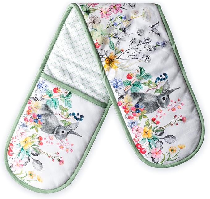 Maison d' Hermine Double Oven Mitts 100% Cotton 7"x35" Double Oven Mitt Heat Resistant BBQ Cooking Gloves with Loop Baking Grilling Gifts for Mothers Day Spring Summer (Printemps)