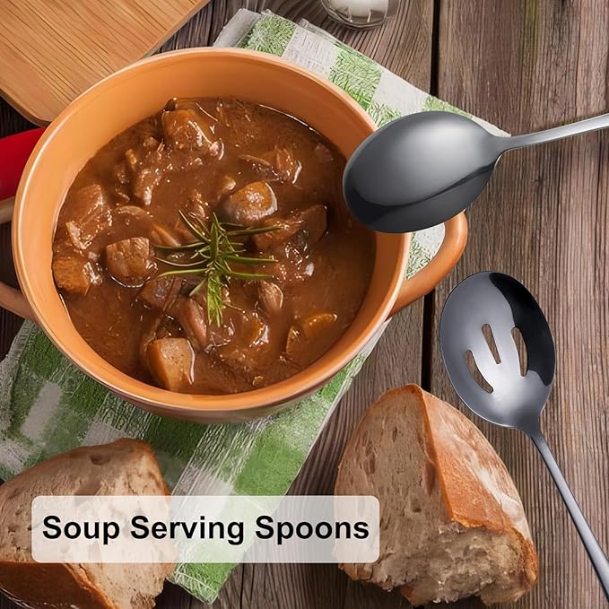 6 Pieces Serving Spoons Set 8.7 Inch, Includes 3 Serving Spoon and 3 Slotted Spoon, Stainless Steel Buffet Banquet Spoons, Large Kitchen Utensils Cutlery, Black