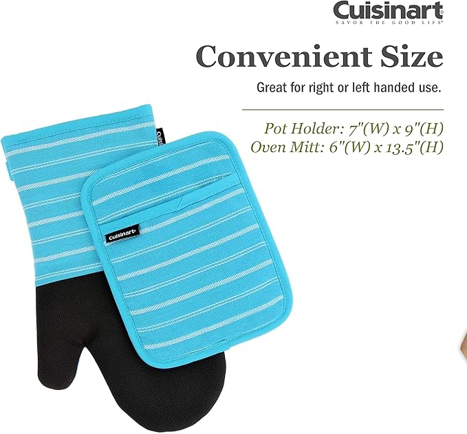 Cuisinart Neoprene Oven Mitts and Potholder Set -Heat Resistant Oven Gloves to Protect Hands and Surfaces with Non-Slip Grip, Hanging Loop-Ideal for Handling Hot Cookware, Twill Stripe Blue Curacao