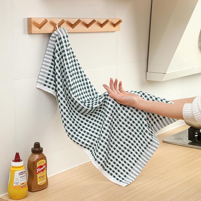 SALAS Cotton Dish Towels Cloths for Kitchen Drying Dishes, Lattice Terry Kitchen Towels, Highly Absorbent Kitchen Cloths with Hanging Loop, 16‘’ x 26‘’,4 Packs, Green and Black