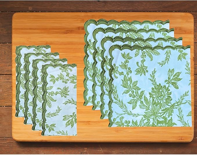 Ridhi Hand Block Print Olive Green 18" x 18" (Set of 4) Embroidery Table Napkins Reusable Cotton Dinner Napkins for Weddings, Parties, Everyday Dining Gift for Spring, Easter, Valentine