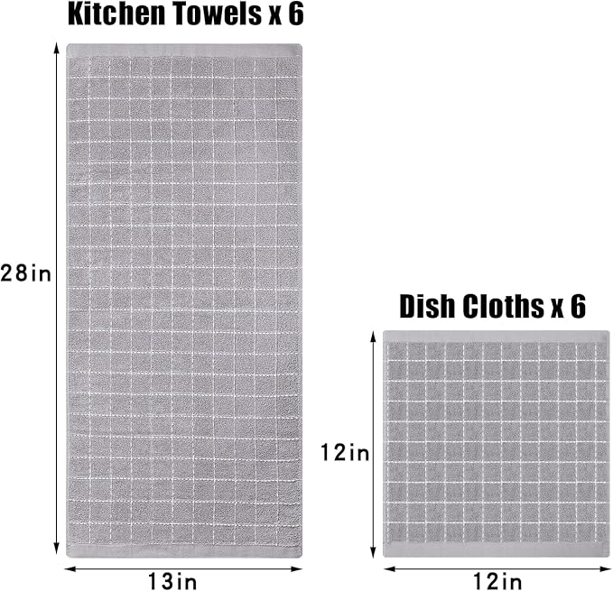 Homaxy Kitchen Towels and Dishcloths Set, 12 x 12 and 13 x 28 Inches, Set of 12 Bulk Cotton Terry Kitchen Towels Set, Checkered Designed, Soft and Super Absorbent Dish Towels, Light Grey