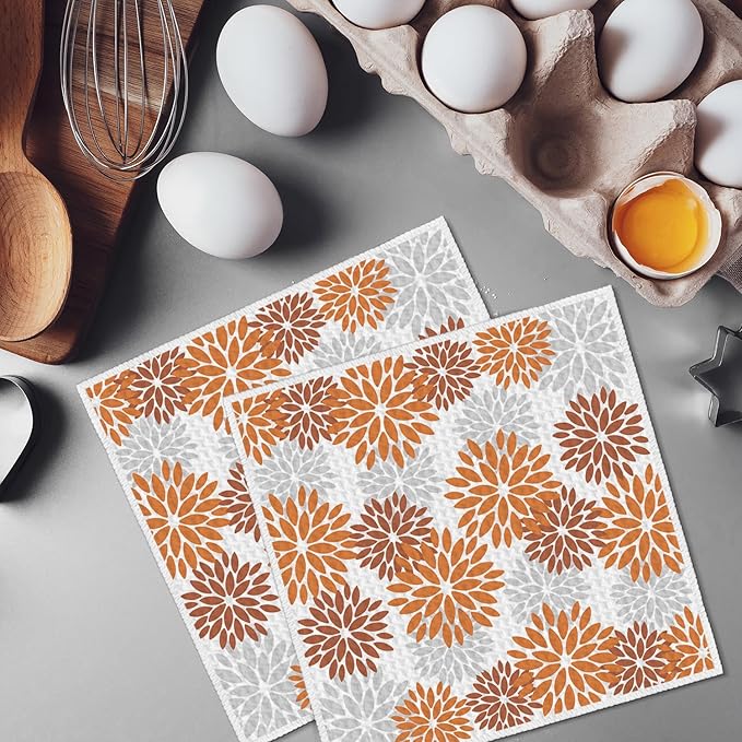 Artoid Mode Orange Dahlia Floral Kitchen Dish Cloths, 12x12 Inch Quick Dry Microfiber Dishcloths for Kitchen Premium Dish Rags Set of 2