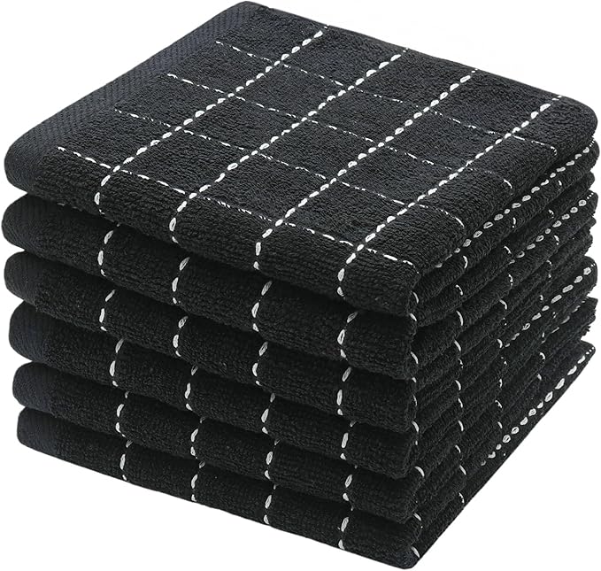 Natural Cotton Dish Cloths Waffle Weave Kitchen Towels,Ultra Absorbent Quick Drying Dish Towels, Soft Comfort Cleaning Cloth Washcloths, Set of 6 (Black, 12 x 12 Inches)