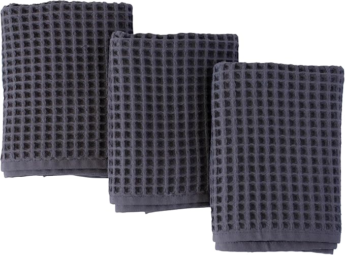 PÜSKÜL Natural 100% Turkish Cotton Waffle Kitchen Towels Set of 3 | Oeko-Tex, Premium Waffle Hand Towels for Bathroom | Soft Absorbent Quick-Dry Lint-Free Dish Towel Large 32x16 inch (3, Dark Gray)