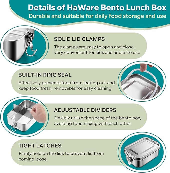 HaWare Stainless Steel Bento Box, 47oz (1400ml) Leak-Proof Lunch Box for Kids Adults, 3 Compartments Food Containers with Removable Dividers and Bag, Metal Lunch Containers for Snack Meal Sandwich