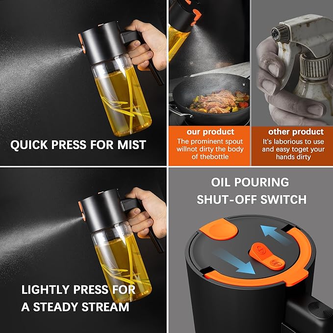 Glass 2 In 1 Olive Oil Dispenser Bottle for Kitchen Gadgets, Olive Oil Sprayer for Cooking 17.2oz/511ml (Transparent)