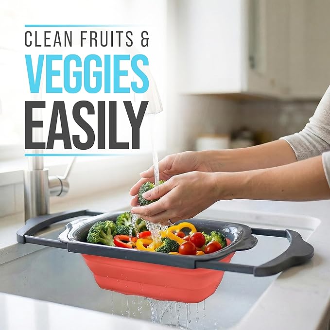 Comfify XL Large Kitchen Strainer - Collapsible Silicone Over-The-Sink Colander with Extendable Handles - Use with Pasta, Fruit, Berries & Veggie - 6 Quart - Coral