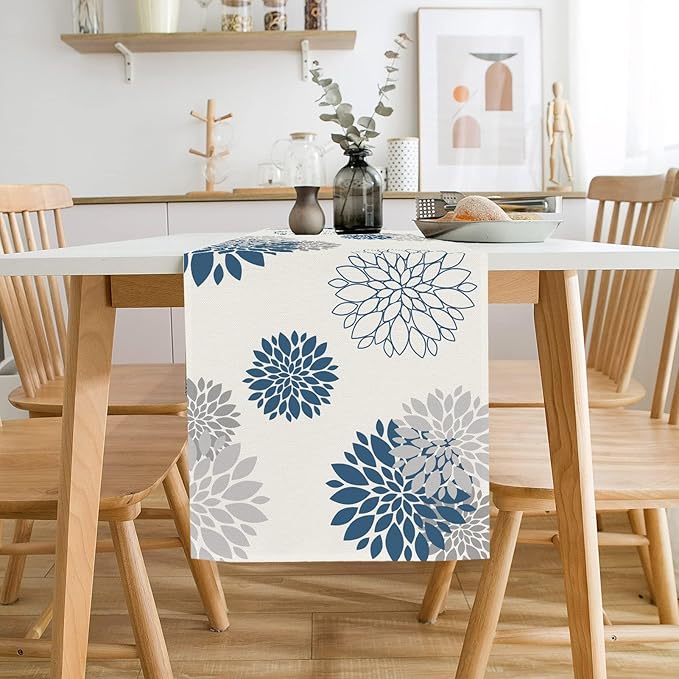 Blue Gray Table Runner Dahlia Pinnata Flower Beige Table Runners Modern Elegant Pompon Farmhouse Geometric Table Center Decor for Home Dining Party Entrance (13x72 Inch)