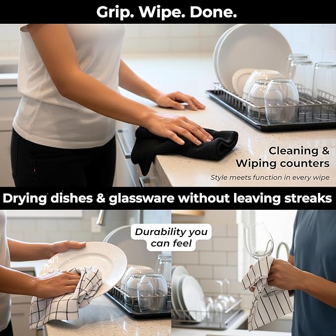 Cotton Dish Towels For Kitchen Drying - Highly Absorbent Wide Black Striped Plaid Tea Towels - 18"X28" Set Of 6 Farmhouse Linen Dishtowels In Bulk - Pano De Prato Para Cozinha - T Towles Towls