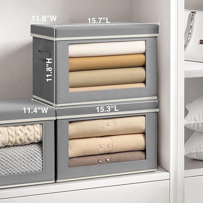 Homsorout Storage Bins with Lids, 4 Pack Large Storage Cubes with Window, Closet Bins with Lids & Handles, Fabric Box for Organizing Clothes, Towels, Books, Grey