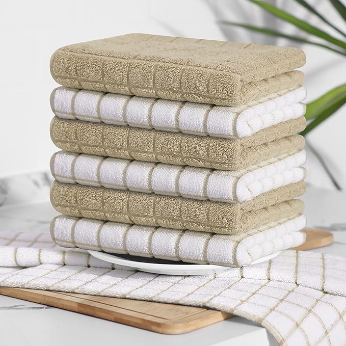 Homaxy Premium Cotton Kitchen Towels 16"x 28", Large Natural Ring Spun 390 GSM Dish Towels, Super Absorbent Terry Kitchen Hand Towels, Soft Tea Towels with Hanging Loop, Tan Check Design, 8 Pack