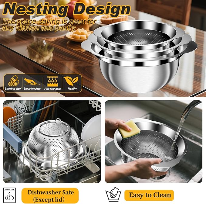 Colander, Stainless Steel Colander with Mixing Bowls (3.5QT), 3Pcs Strainer for Kitchen Gadget Food Strainer Basket with Handle, Colanders Bowl for Pasta Noodles Spaghetti Vegetables Fruit (3.5+3+2QT)