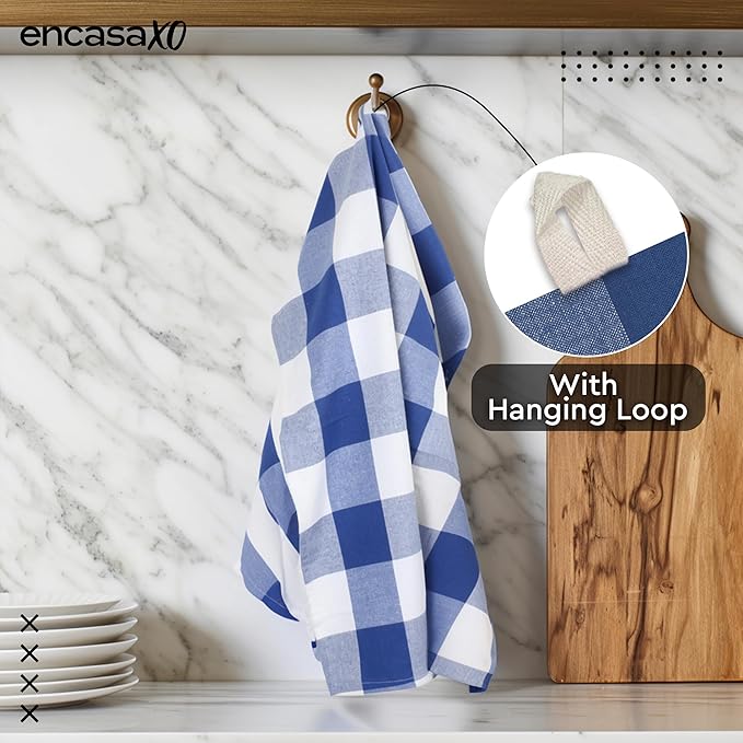 Encasa XO Cotton Kitchen Towel Set | Hand and Tea Cloth for Cleaning & Quick Drying, X-Large 28"x18" (Pack of 4) Highly Absorbent - Buffalo Blue Checks