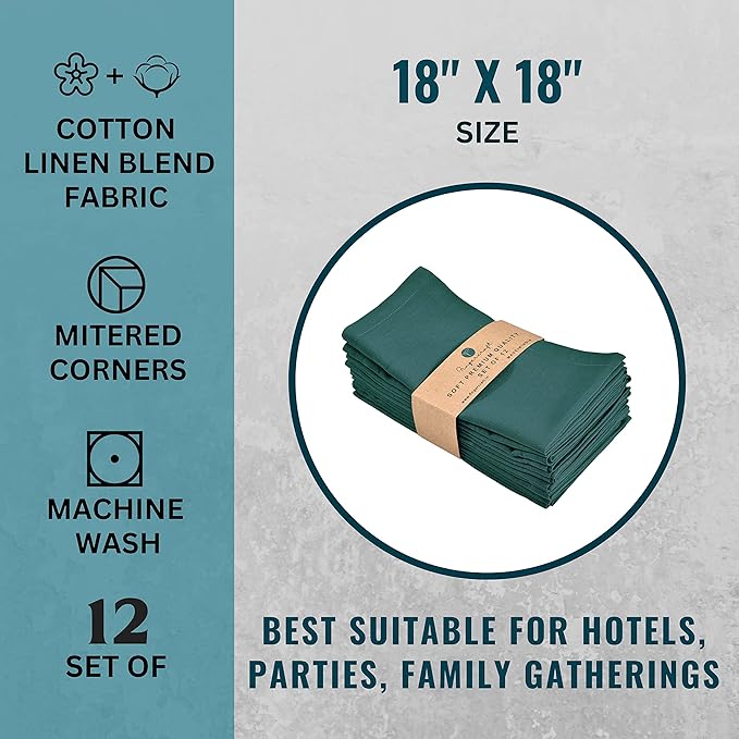 FINGERCRAFT Dinner Cloth Napkin Cotton Linen Blend 12 Pack Natural Premium Quality Mitred Corner for Every Day Use Pre Shrunk and Good Absorbency 18x18 in Easter Color Teal