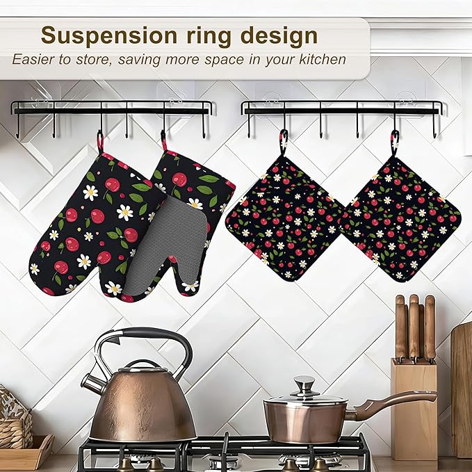 Cherry Oven Mitts and Pot Holders Sets of 4, Heat Resistant Daisy Floral Silicone Oven Mitts Gloves Non-Slip Kitchen Mittens Potholders for Cooking Baking Grilling BBQ