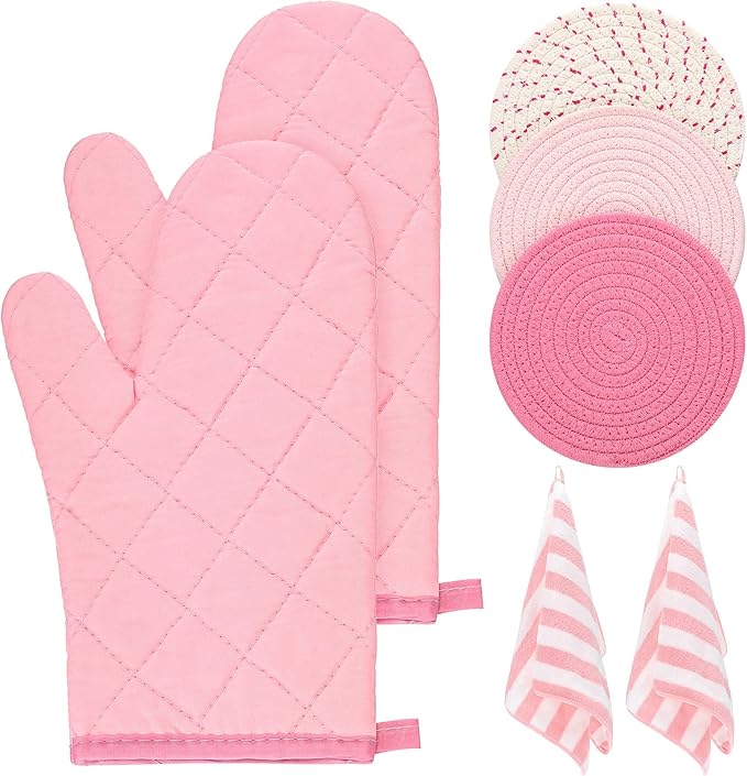 Zubebe Oven Mitts and Pot Holders with Kitchen Towels Set of 7, Valentine Gift for Women Heat Resistant Oven Gloves Hot Pads Kitchen Hand Towels for Cooking Baking(Pink)