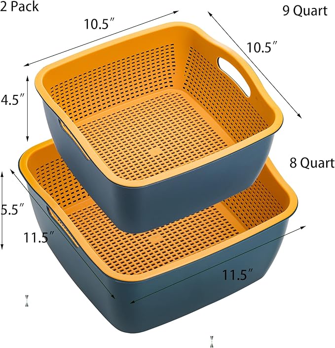 Jucoan 2 Pack 9 & 8 Quart Large Kitchen Strainer Colander Bowl Set, Double-Layer Plastic Fruits Vegetable Washing Basket, Drain Bowls for Cleaning Washing Mixing, Detachable (Blue, Orange)