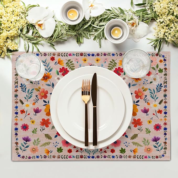 Pink Flowers Linen Placemats Set Spring Floral Table Mat for Women Kitchen Dining Decoration