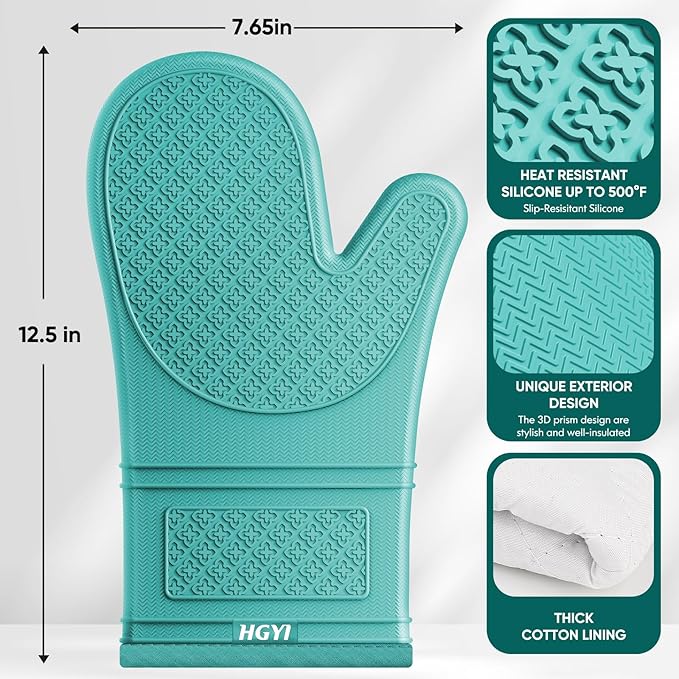 Silicone Oven Mitts, Heat Resistant Oven Gloves with Quilted Liner, Waterproof & Non-Slip Kitchen Mittens for Baking Cooking BBQ, 500°F, 12.5"-Aqua Sky