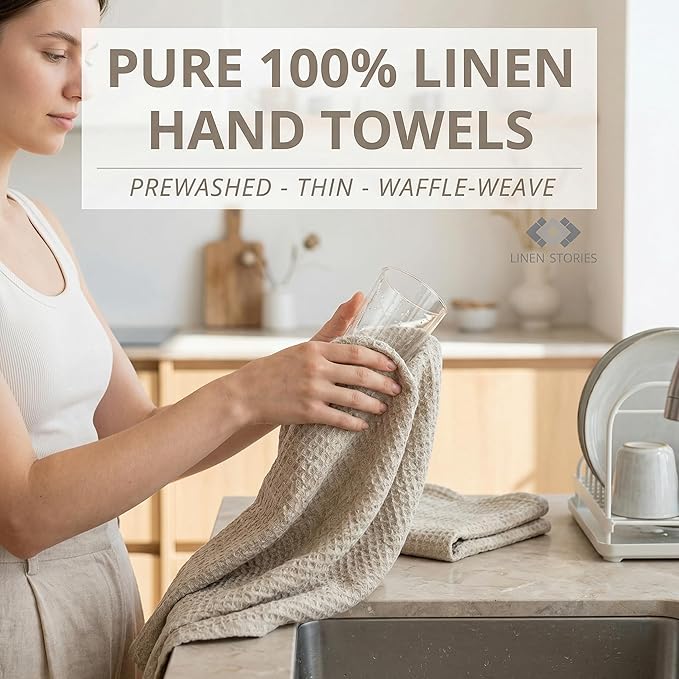 100% European Linen Hand Towels for Kitchen & Bath - Set of 2 - Waffle Weave, Highly Absorbent & Quick-Dry - 14 x 28 in - Stone Washed Flax