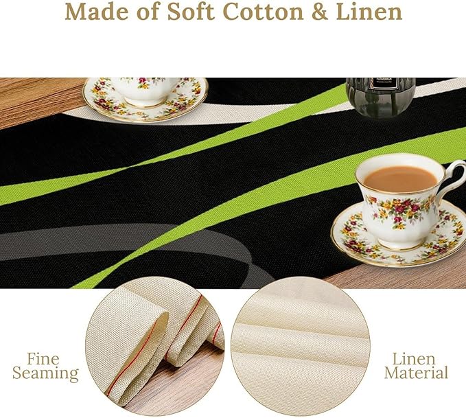 Abstract Geometric Table Runner Green Grey and White Striped Black Background Modern Kitchen Dinner Runner for Indoor Home Living Room Party Dining Table Decoration 13"x72"