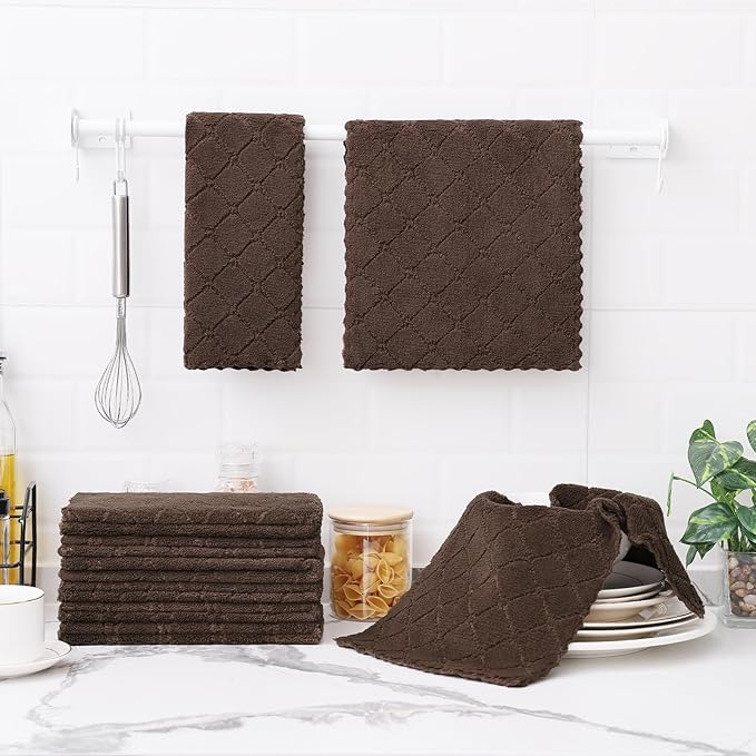 Homaxy 12 Pack Dish Towels for Kitchen (10 x 20 Inches, Brown), Super Soft and Absorbent Coral Velvet Dish Cloths for Washing Dishes, Nonstick Oil Fast Drying Microfiber Cleaning Cloth