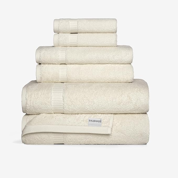 SALBAKOS 100% Turkish Cotton 6-Piece Towel Set | Heirloom Quality Hotel & Spa Collection | Soft, Super Absorbent 2 Washcloth, 2 Hand, 2 Bath Towel Sets | Made in Turkey (Ivory, 6 Piece Towel Set)