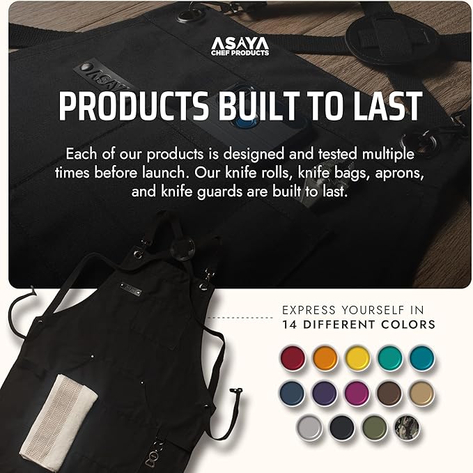 Asaya Chef and BBQ Apron with Bottle Opener and Hand Towel - 10oz Cotton Canvas, Stainless Steel Hardware - Cross Back Straps