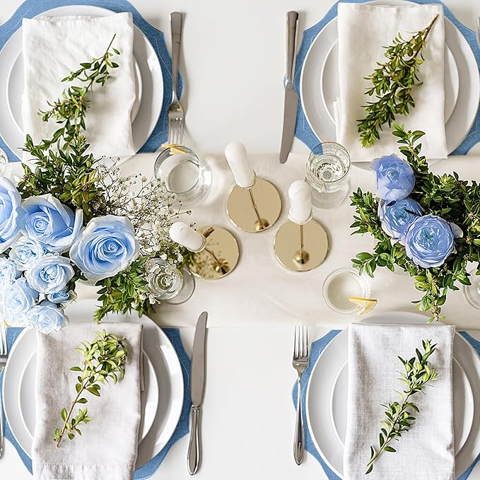 Set of 4 Cotton Linen Placemats, 15x15 Round Scalloped Cloth Table Mats, Embroidery Machine Washable, Wrinkle Resistance Fabric Place Mats for Wedding Summer Baby Shower Party Table Decor-Blue