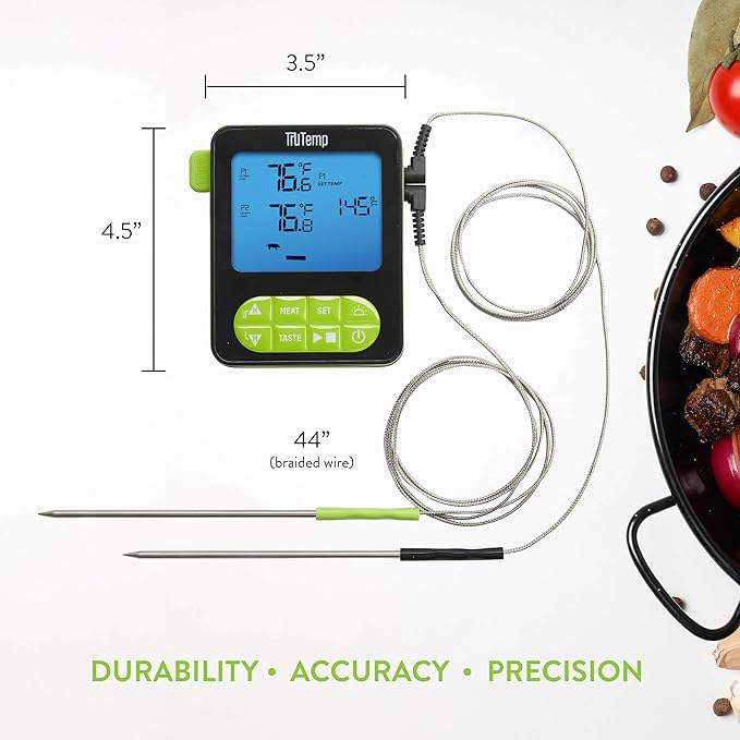 Taylor TruTemp Dual Probe Wired Programmable Meat and Food Thermometer, Digital for Cooking, Monitor Two Dishes with Two Probes for Baking, Grilling, and Roasting, User-Friendly, Backlit, Green