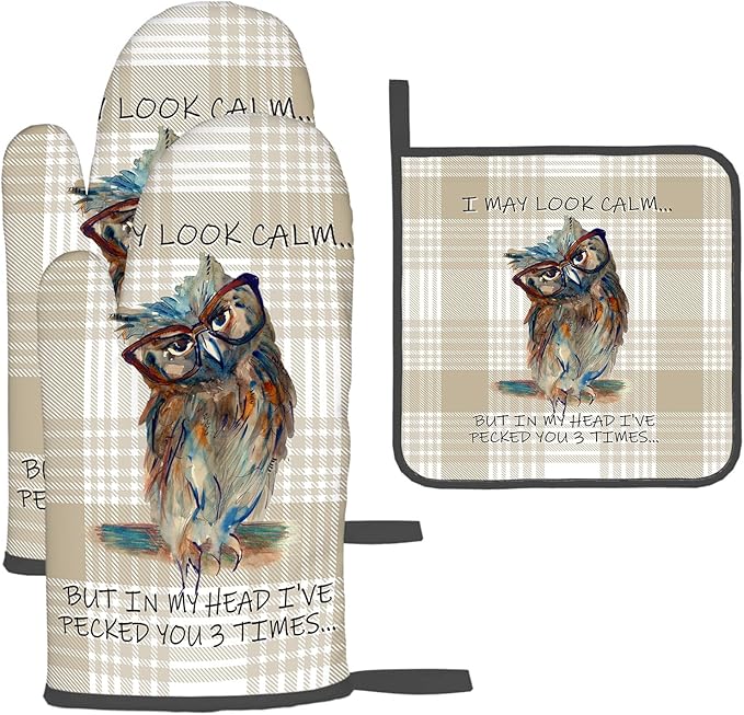 Funny Owl Oven Mitts and Pot Holders Sets of 3 Kitchen Hot Pads Cute Buffalo Plaid Oven Gloves Heat Resistant Washable for Cooking Grilling Baking Holiday Kitchen Decor