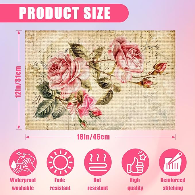 Vintage Rose Placemats Set of 6,12x18 Inch Spring Floral Linen Place Mat Washable Stain Resistant Table Mats for Spring Summer Seasonal Farmhouse Kitchen Party Home Decor