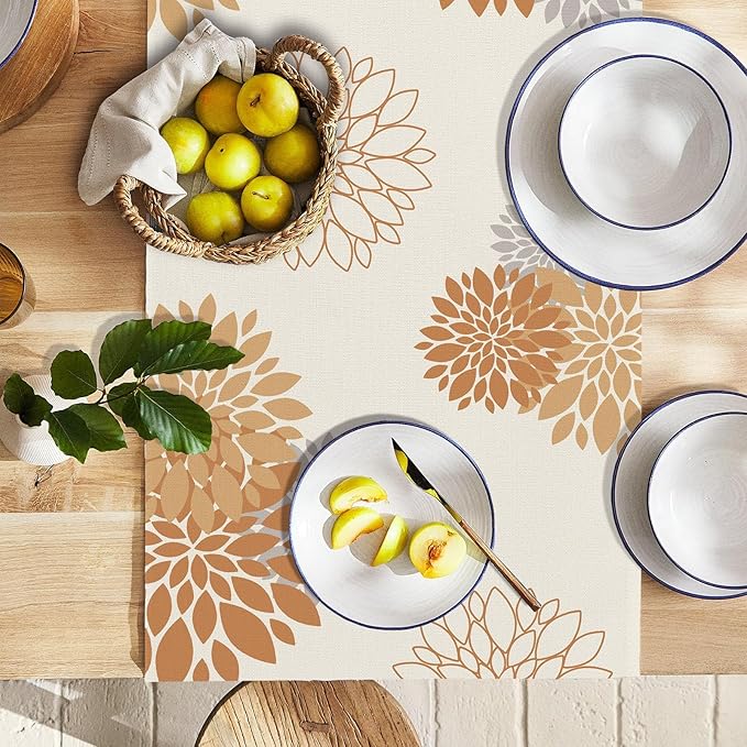Fall Table Runner Orange Grey Dahlia Pinnata Floral Table Runners Modern Elegant Farmhouse Geometric Coffee Table Center Decor for Autumn Home Kitchen Dining Party 13 x 108 Inch