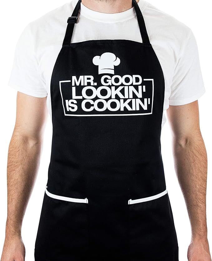 ALLER HOME&KITCHEN Funny Apron for Men, 2 Large Pockets One Size Fits All Chef Apron for Grilling, Cooking, BBQ Accessories