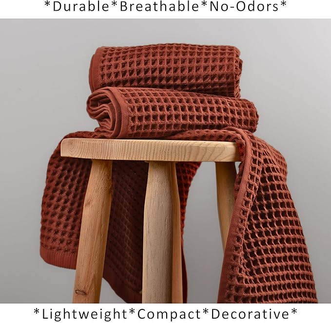 PÜSKÜL Natural 100% Turkish Cotton Waffle Kitchen Towels Set of 3 | Oeko-Tex, Premium Waffle Hand Towels for Bathroom | Soft Absorbent Quick-Dry Lint-Free Dish Towel Large 32x16 inch (3, Brick)