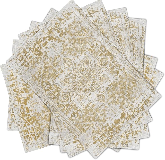 aportt Gray Tan Boho Placemats Set of 6 Ethnic Bohemian Carpet Place Mats Washable Kitchen Dining Vintage Grey Geography Floral Linen Table Mats Stain Heat-Resistant for Home Party Indoor 12x18 in