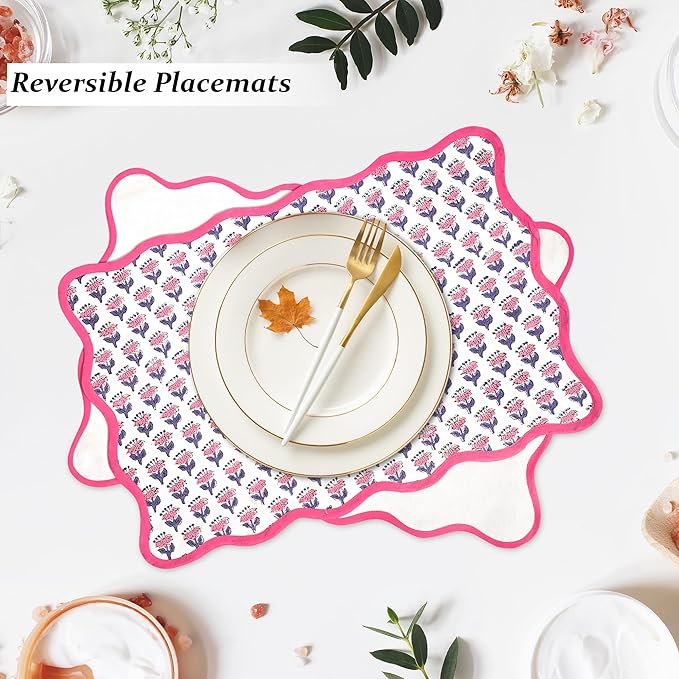 CPC Cotton Placemats Pink Sapphire Set of 4-Hand Block Printed Reversible Placemats, Flower Scalloped & Embroidered Cloth Table Mats - 14 x 20 inch Gift for Spring, Mother's Day