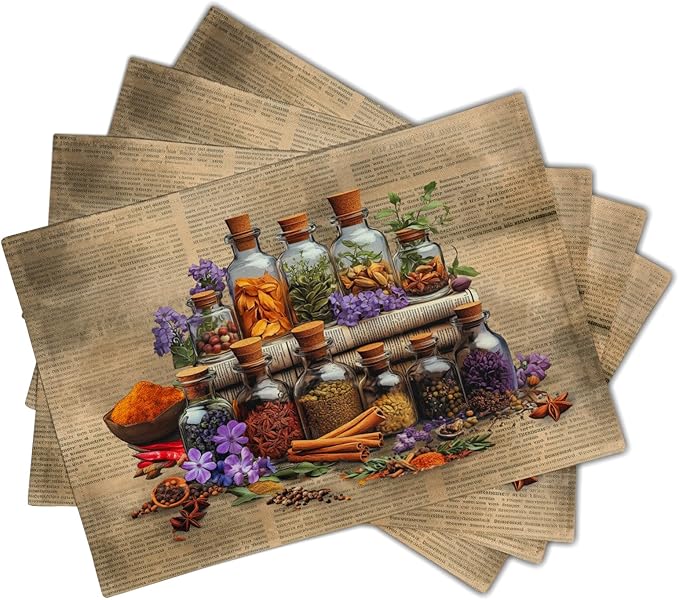 Retro Herbs Linen Placemat Set Brown Dining Table Mat 4pc for Home Indoor Outdoor Decor